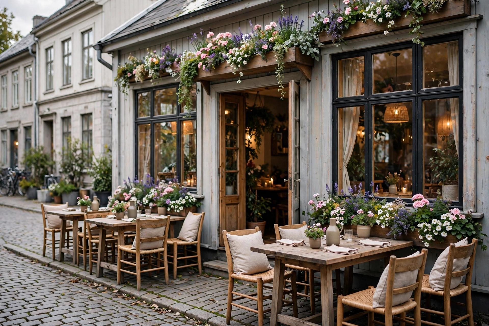 Stämningsfull restauranginteriör med dukade bord fotograferad för Google företagsprofil